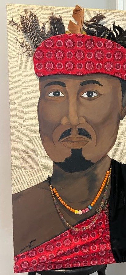 Portrait of a man in a feathered headdress, mixed media on newsprint